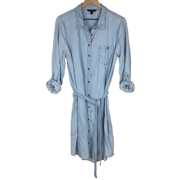 BANANA REPUBLIC Chambray Shirt Dress Light Wash Tie Waist Roll Tab Plus Size 14 - Picture 1 of 14
